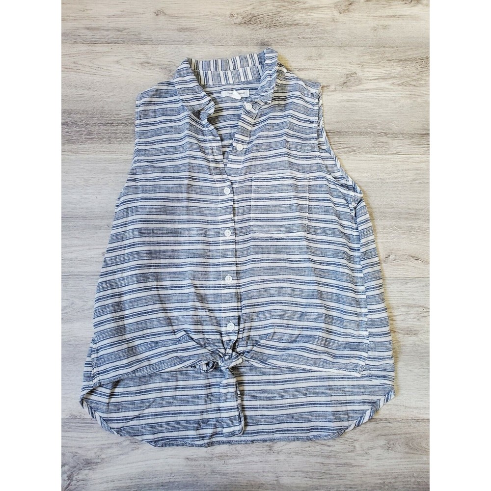 Beach Lunch Lounge Linen Tie Front Shirt Women's Size Small Blue White Striped